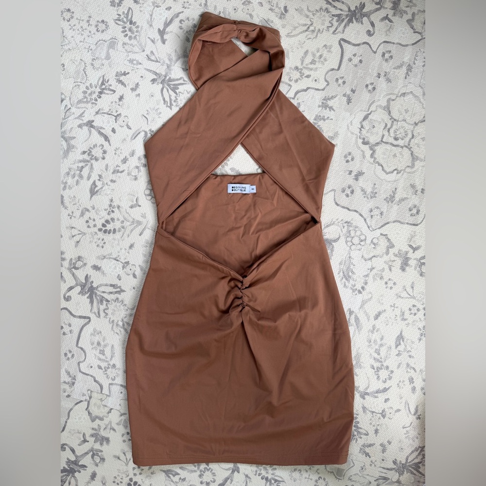 Beginning boutique Tan Backless Halter Dress